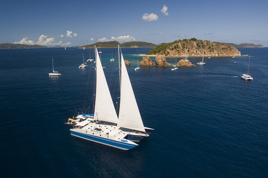Caribbean dive liveaboard Cuan Law in the BVI. This charter yacht is the world's largest trimaran.